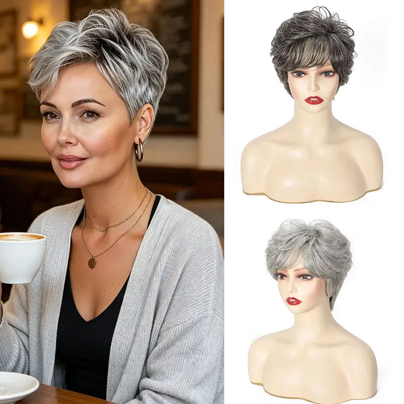 Short Curly Grey Ombre Human H - Hair Care Women review and price